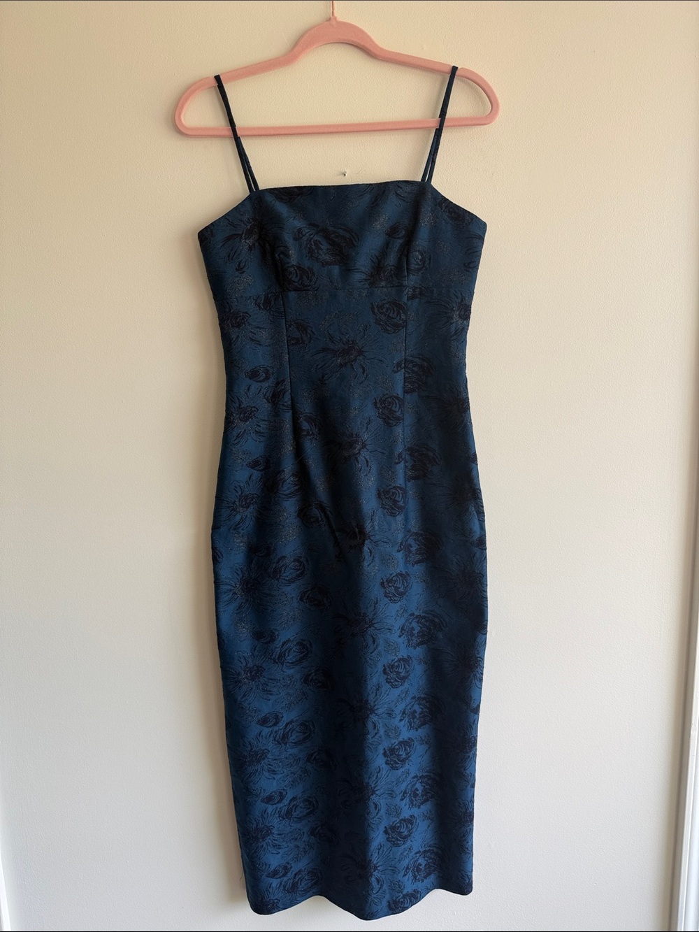 Rare Vintage Navy Floral Jacquard Midi Slip Dress with Spaghetti Straps